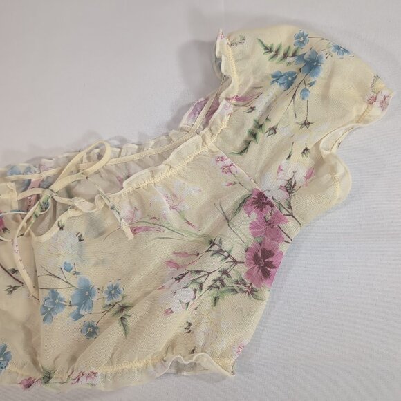 La Vie En Rose Sheer Yellow Floral Short Sleeve Poof Shirt Top M Medium Mesh - Picture 3 of 10